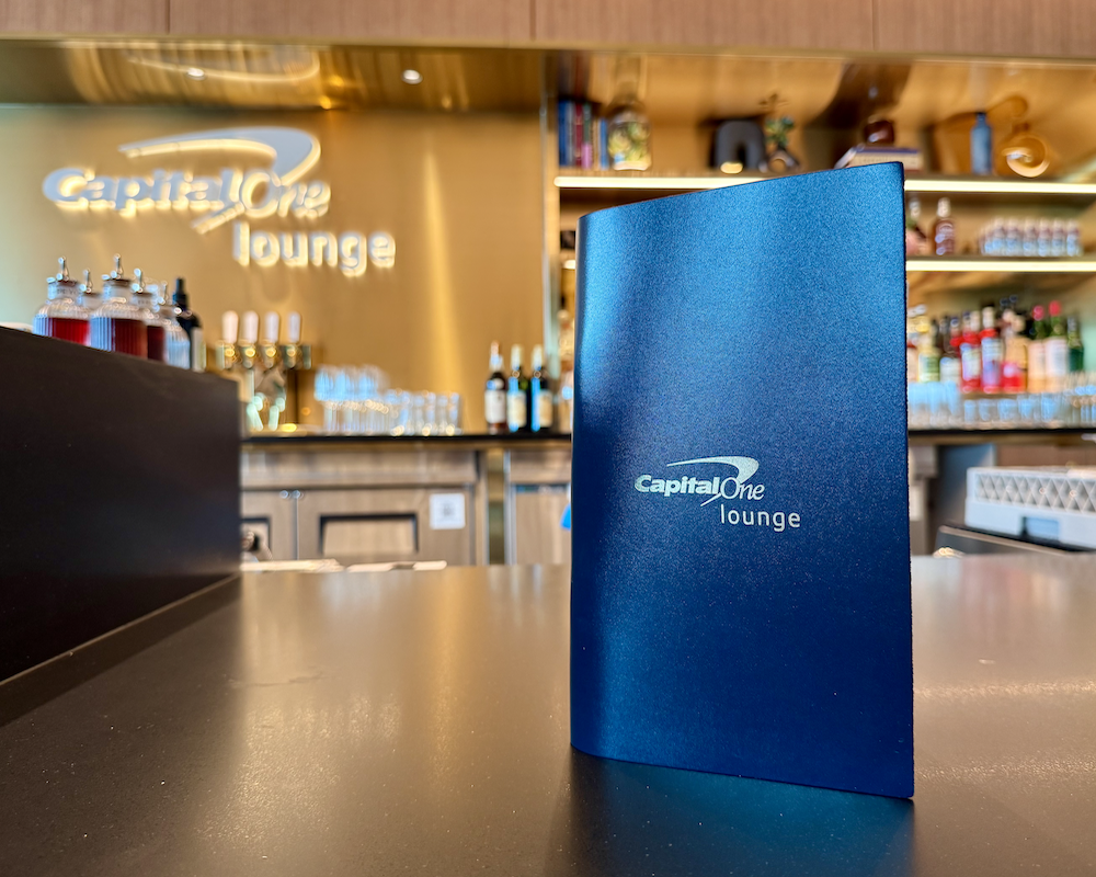 Capital One Lounge at JFK bar menu, bar signage.