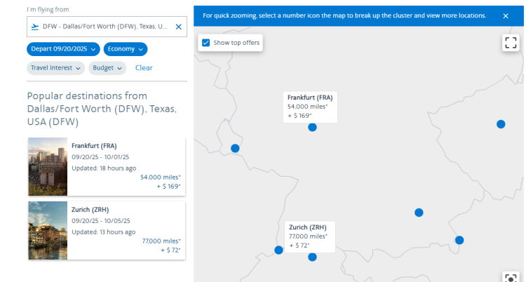 A screen shot from the AA Map finder tool shows options for flights to Europe