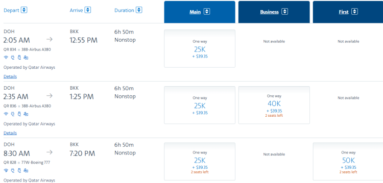 a screen shot shows aa flights you can book from doh to bkk
