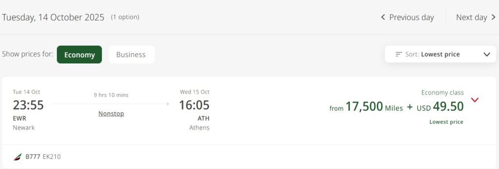 Newark to Athens on Emirates in economy.