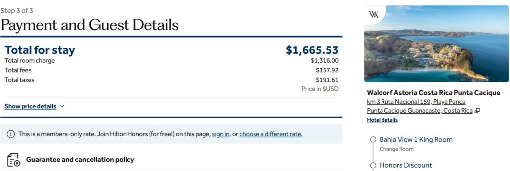 screenshot of the Hilton website showing the Waldorf Astoria Costa Rica Punta Cacique