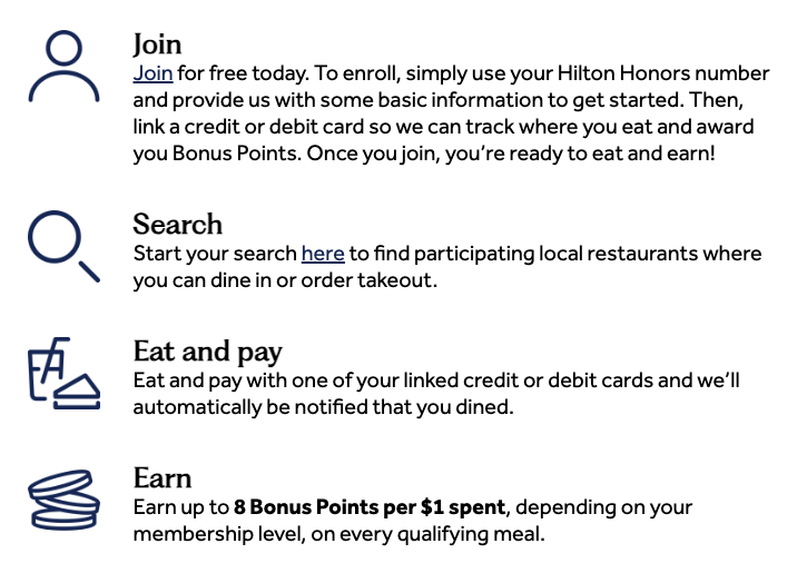 You can earn up to 8 miles per dollar by using the Hilton Dining Program.