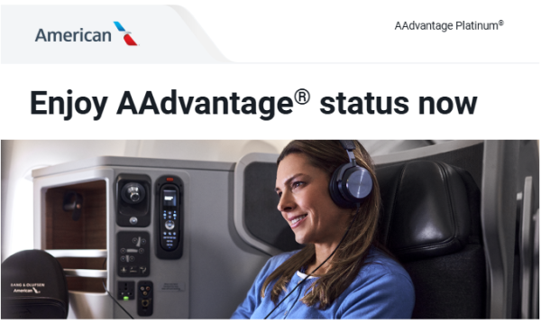 A screenshot shows an email detailing the instant status pass offer for AA.