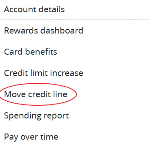 A screenshot from chase shows where to find the option to move credit line