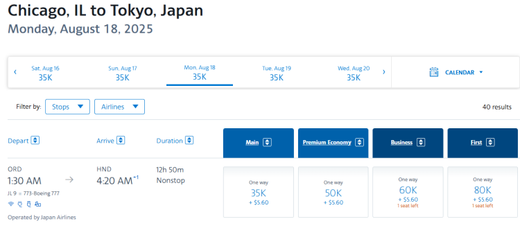 A screenshot shows a flight from Chicago to Tokyo on JAL bookable on AA miles