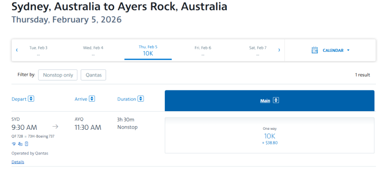 A screenshot shows a flight from Sydney to Ayers Rock Australia