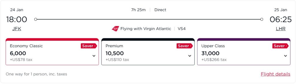 Saver awards with Virgin Atlantic