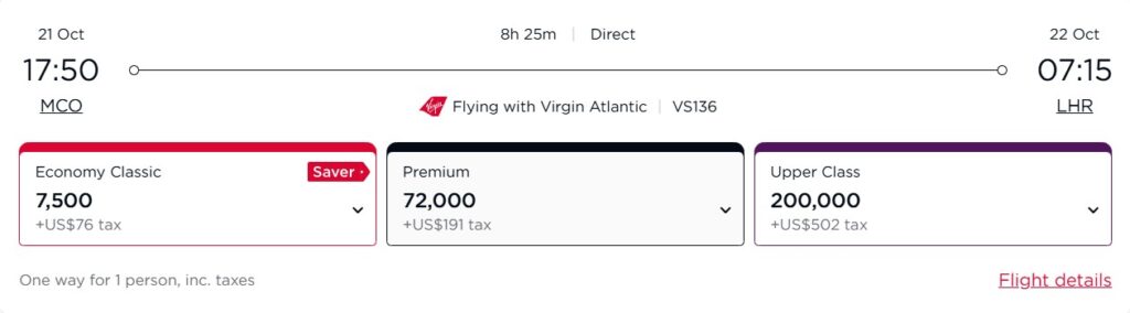 MCO to LHR on Virgin in economy