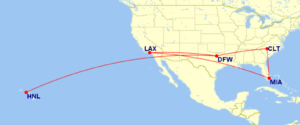 Map of domestic routes where American Airlines is flying lie-flat seats on its Boeing 777-200 aircraft in September 2025