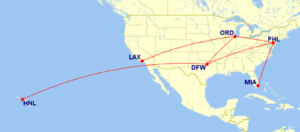 Map of domestic routes where American Airlines is flying lie-flat seats on its Boeing 787-8 aircraft in September 2025