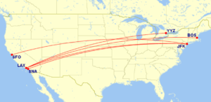 Map of all domestic routes where American Airlines is flying lie-flat seats in September 2025
