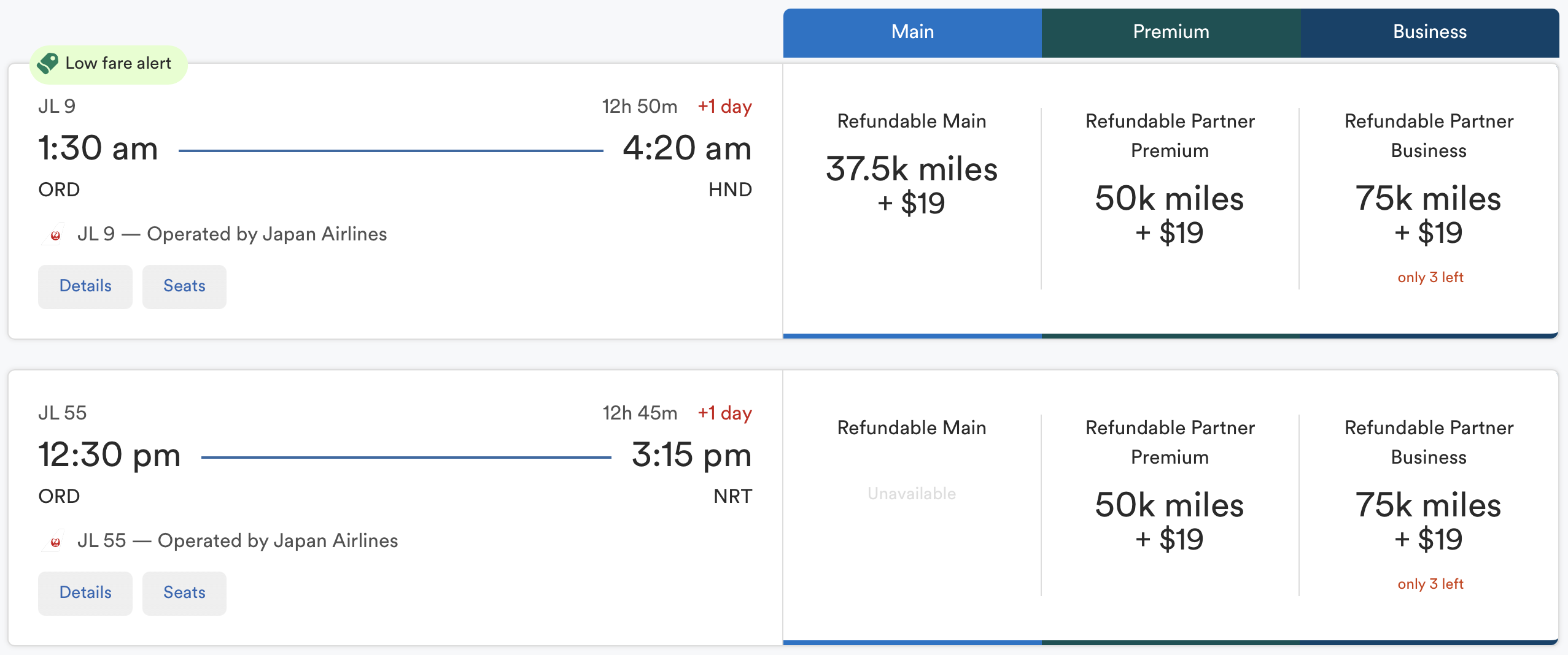 Alaska Airlines awards on JAL