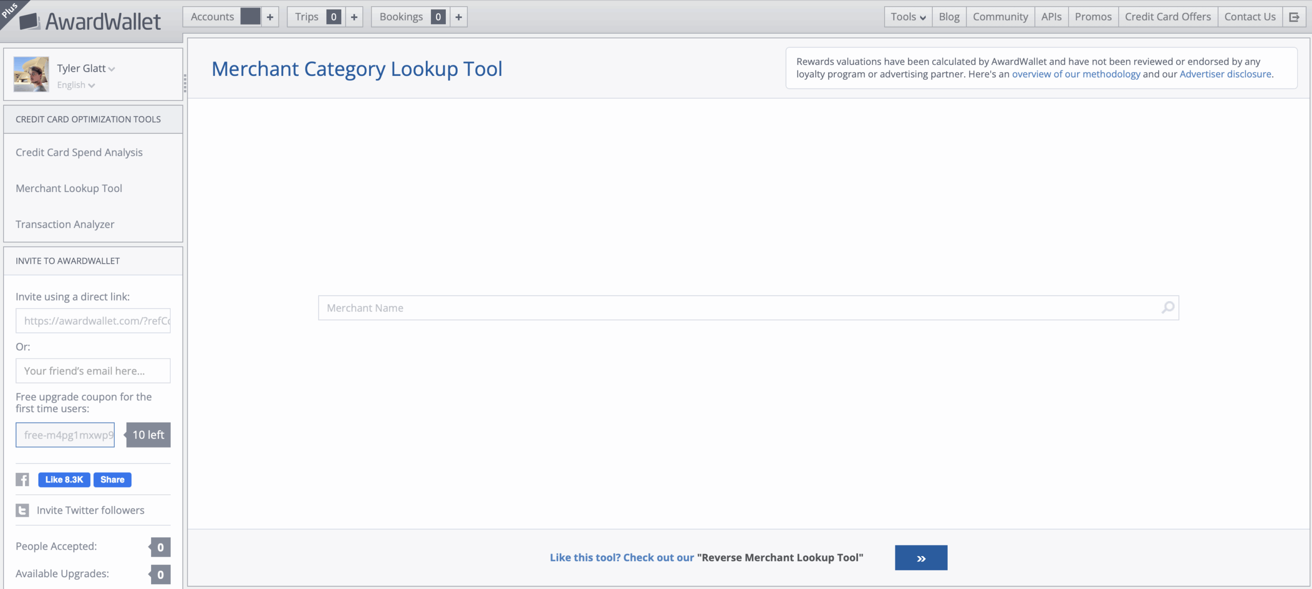 AwardWallet merchant lookup tool.