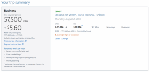 Screenshot of American Airlines AAdvantage award showing Finnair business class award from Dallas to Helsinki