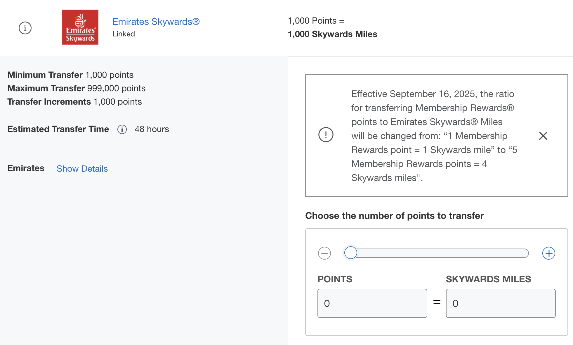 American Express/Emirates transfer with devaluation date reflected.