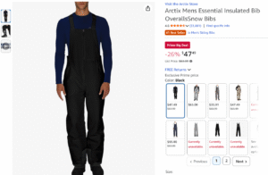 Screenshot of Arctix Insulated Ski Bib on sale during Amazon Prime Deal Days