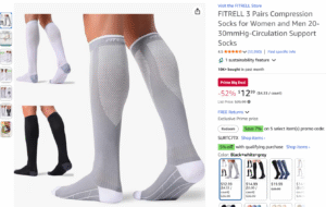 Screenshot of Amazon page for a three-pack of compression socks