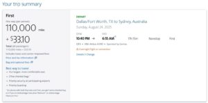 AAdvantage award for Qantas First Class from DFW to SYD