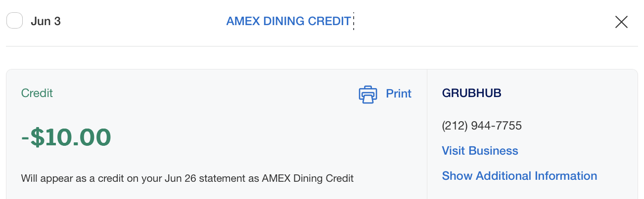 Screenshot showing the Amex Gold card $10 credit for a GrubHub purchase