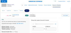 Screenshot of American Express Membership Rewards showing transfer bonus to Avianca LifeMiles
