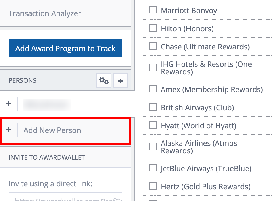 AwardWallet add a new person