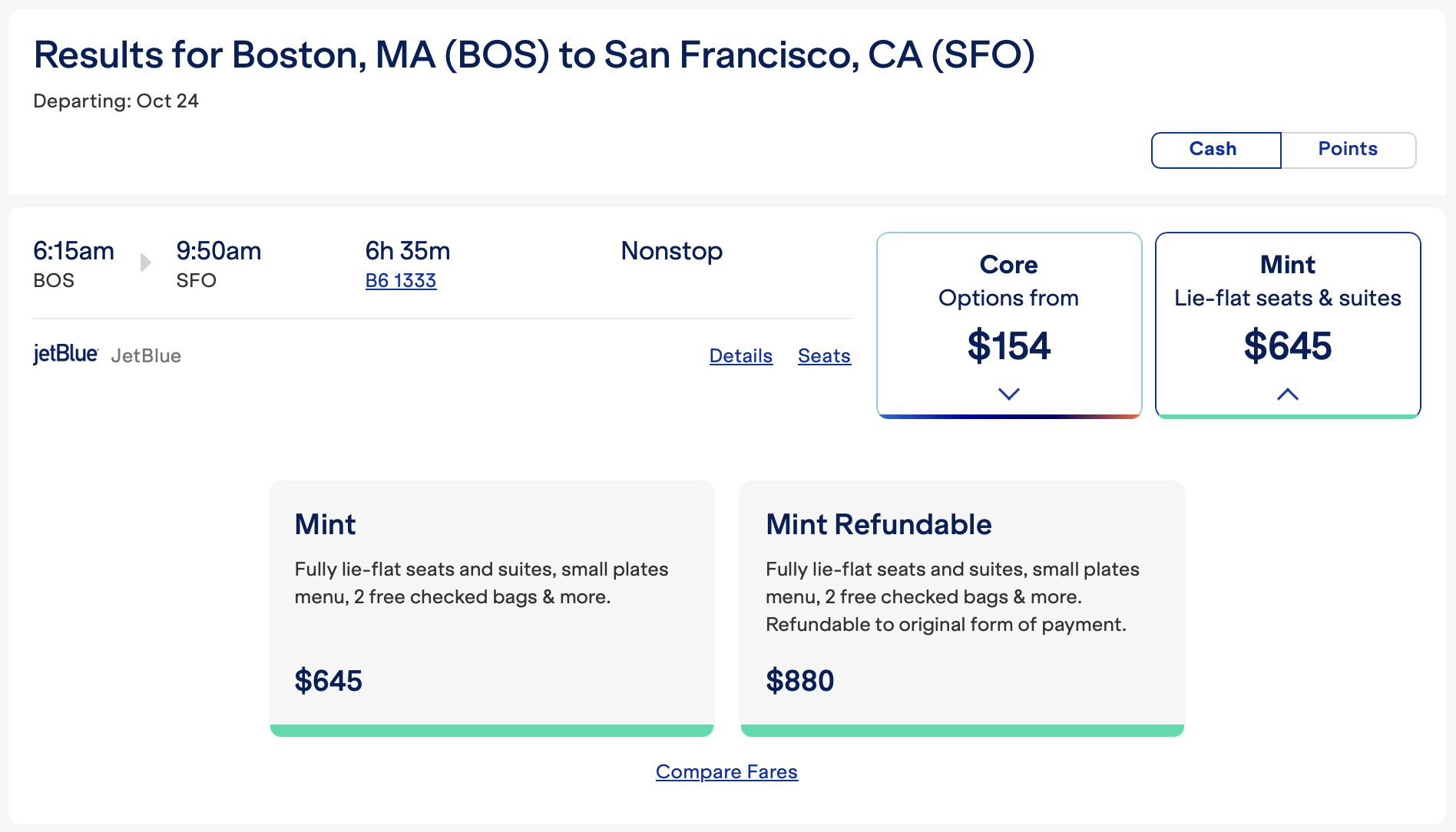 JetBlue Mint ticket from BOS to SFO