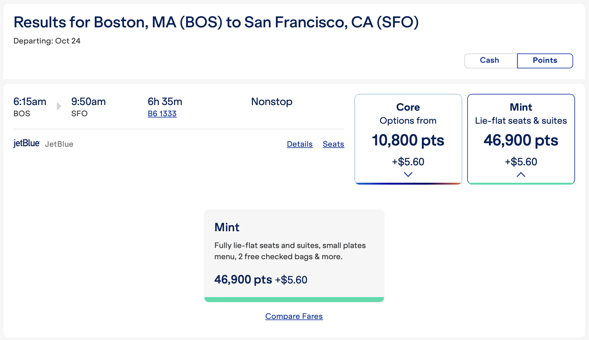 JetBlue Mint award from BOS to SFO
