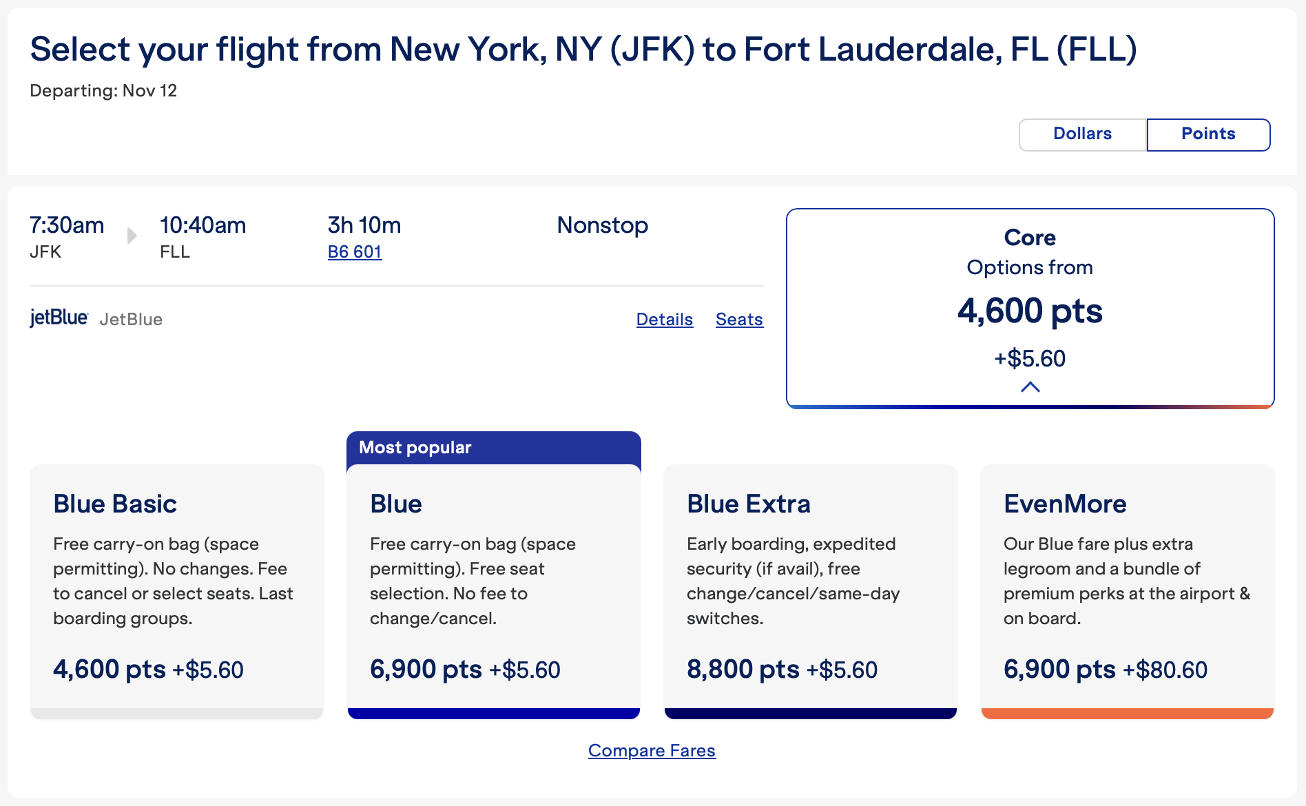 JetBlue award flight from JFK to FLL.