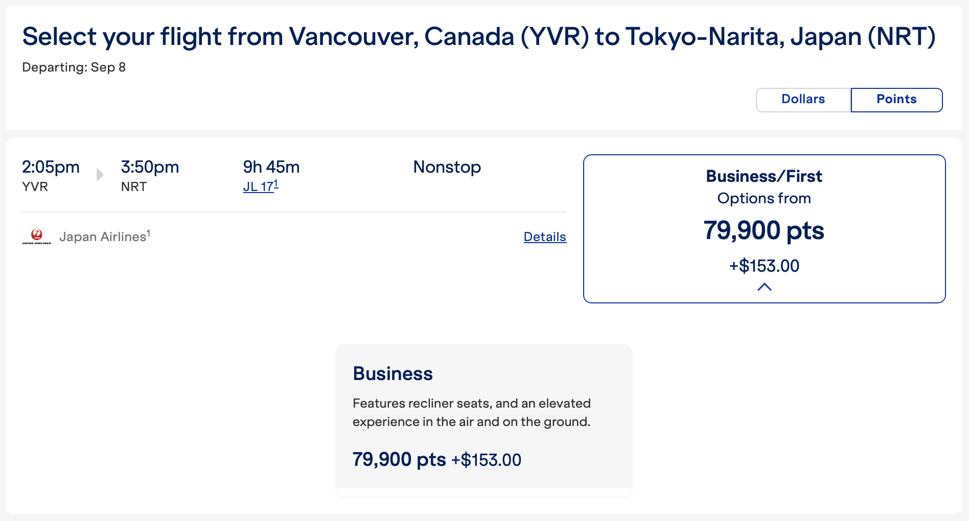 JAL award from YVR to NRT bookable through JetBlue