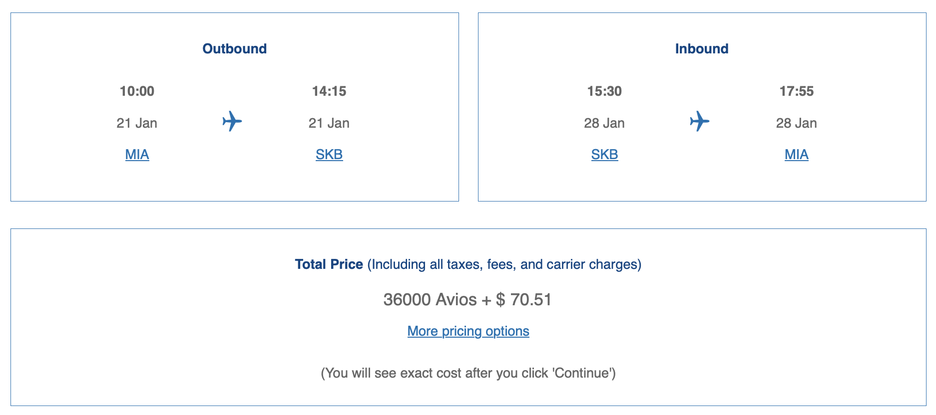 British Airways award on AA from MIA to SKB round-trip