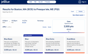 Screenshot of JetBlue award option from Boston to Presque Isle, Maine