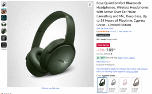 Screenshot of Amazon page for Bose QuietComfort Bluetooth Headphones discounted for Prime Day