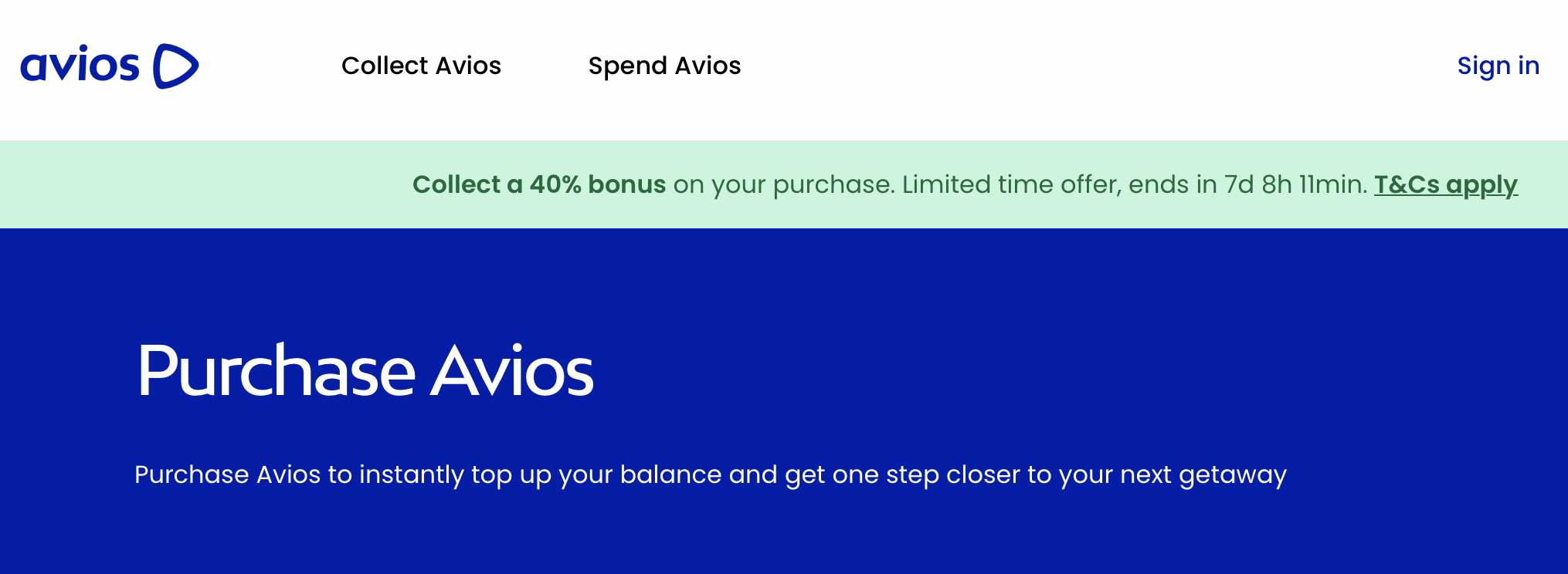 Buy Avios with a bonus promo banner.
