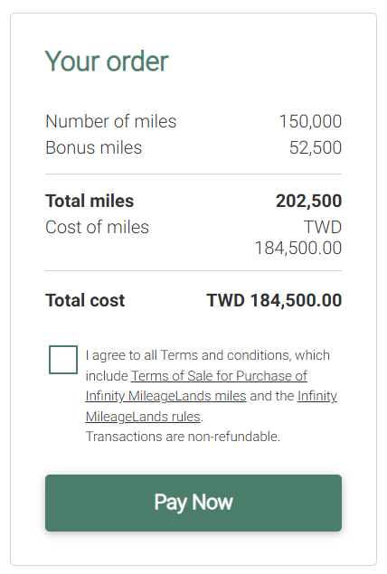 Buy 202,500 EVA Infinity MileageLands miles for 184,500 Taiwan Dollars after 35% bonus