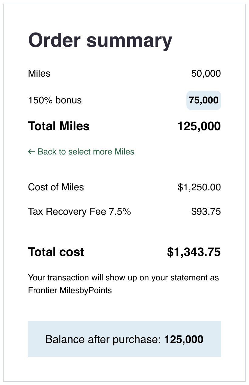 Frontier buy miles promo receipt.