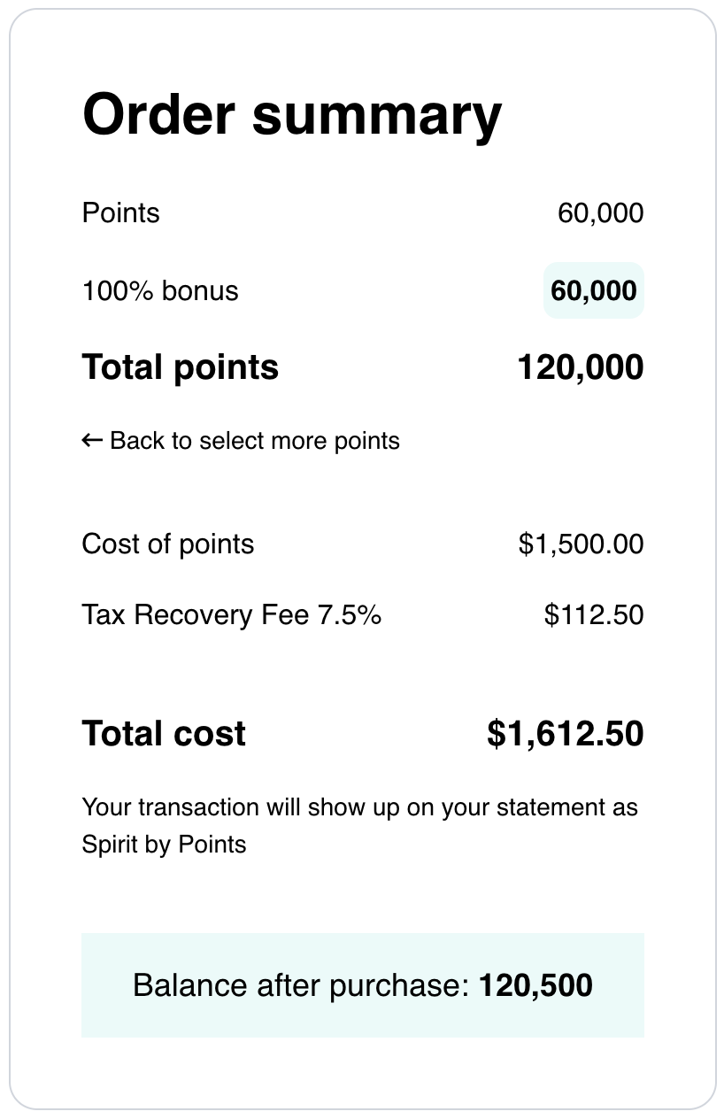 Spirit Airlines buy points receipt.