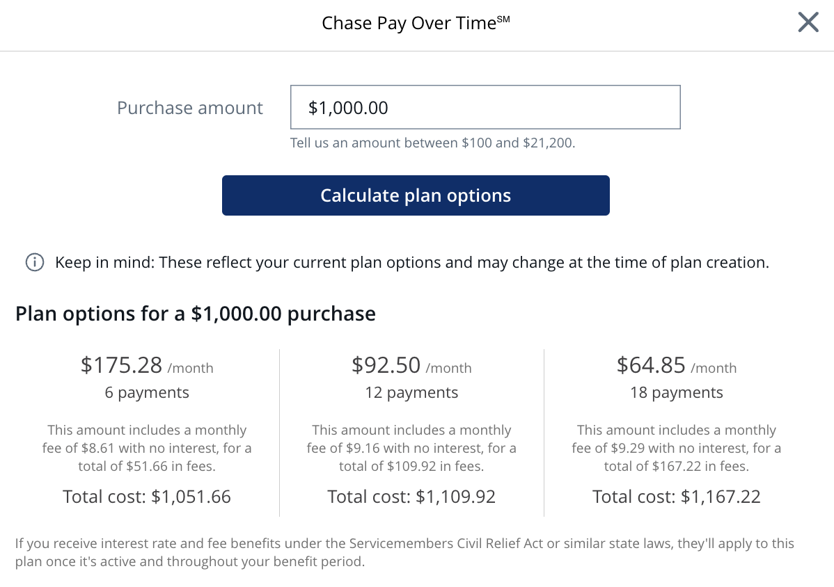 Calculating A Chase Pay Over Time Plan