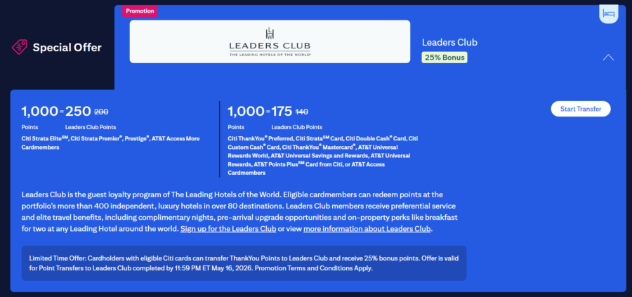 Citi transfer bonus to Leading Hotels of the World Leaders Club