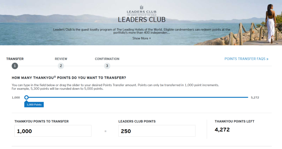 Screenshot of transfer from Citi ThankYou points to Leaders Club