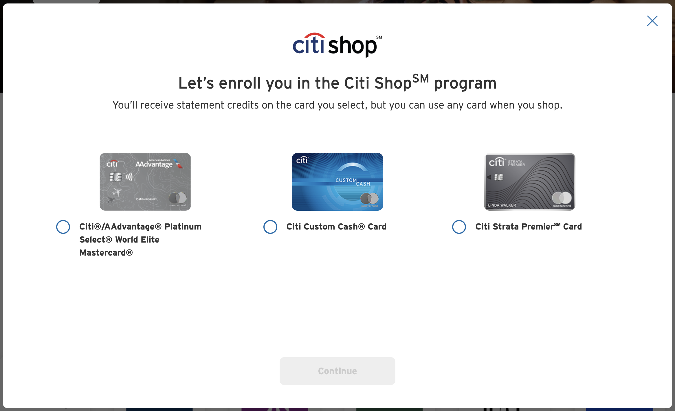 Citi Shop card linking process.