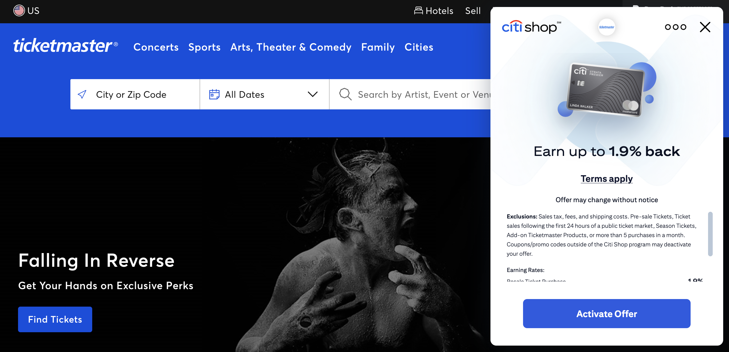 Citi Shop browser open on Ticketmaster.