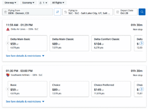 Screenshot of Delta and Southwest flight options through the Chase Travel portal