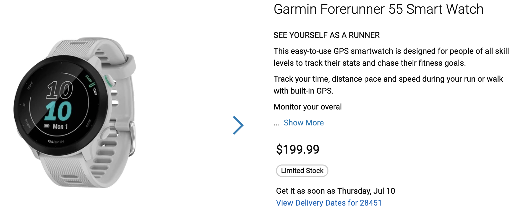 Dell listing for the Garmin Forerunner 55 Smart Watch