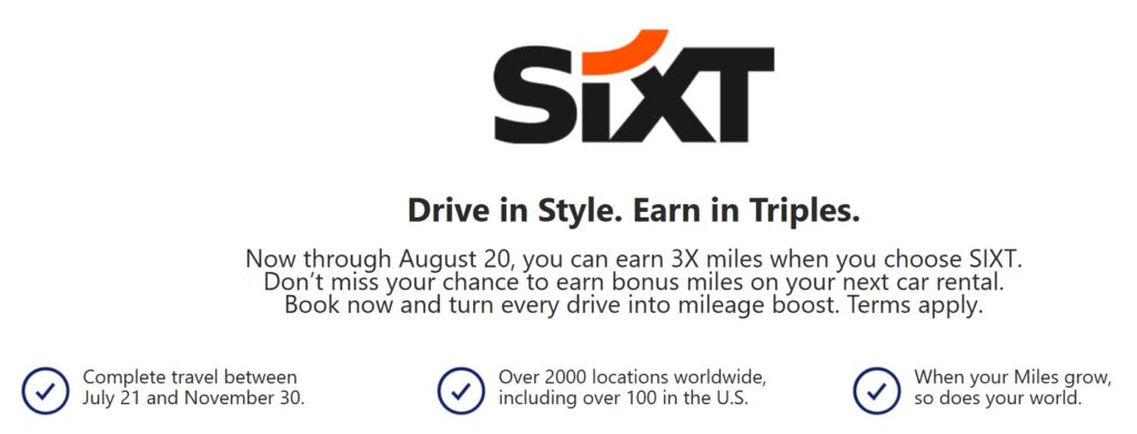 Delta 3X Miles on SIXT Car Rentals