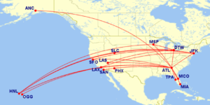 Map of all Delta domestic lay-flat routes for September 2025