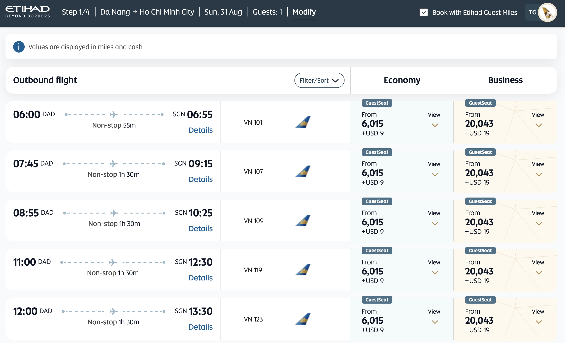 Domestic Vietnam redemptions via Etihad