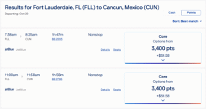 Screenshot of JetBlue award option from Fort Lauderdale to Cancun
