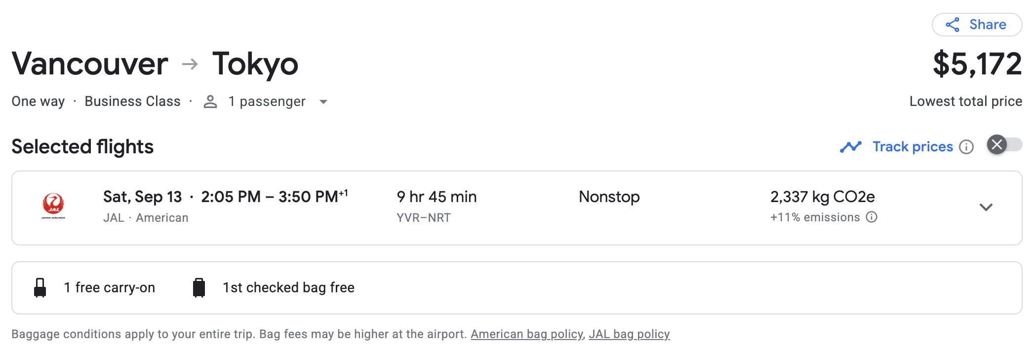 Google Flights results for YVR to NRT