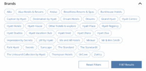 Screenshot from Hyatt's website showing brand filters