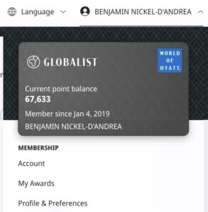Screenshot from Hyatt's website showing menu options under Membership